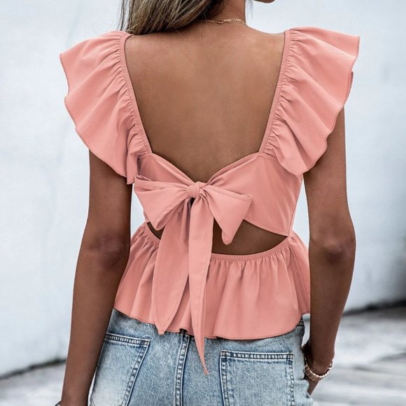 Coral Pink Preppy Womens Tie Back Ruffle Sleeve Peplum Blouse - Picture 2 of 5